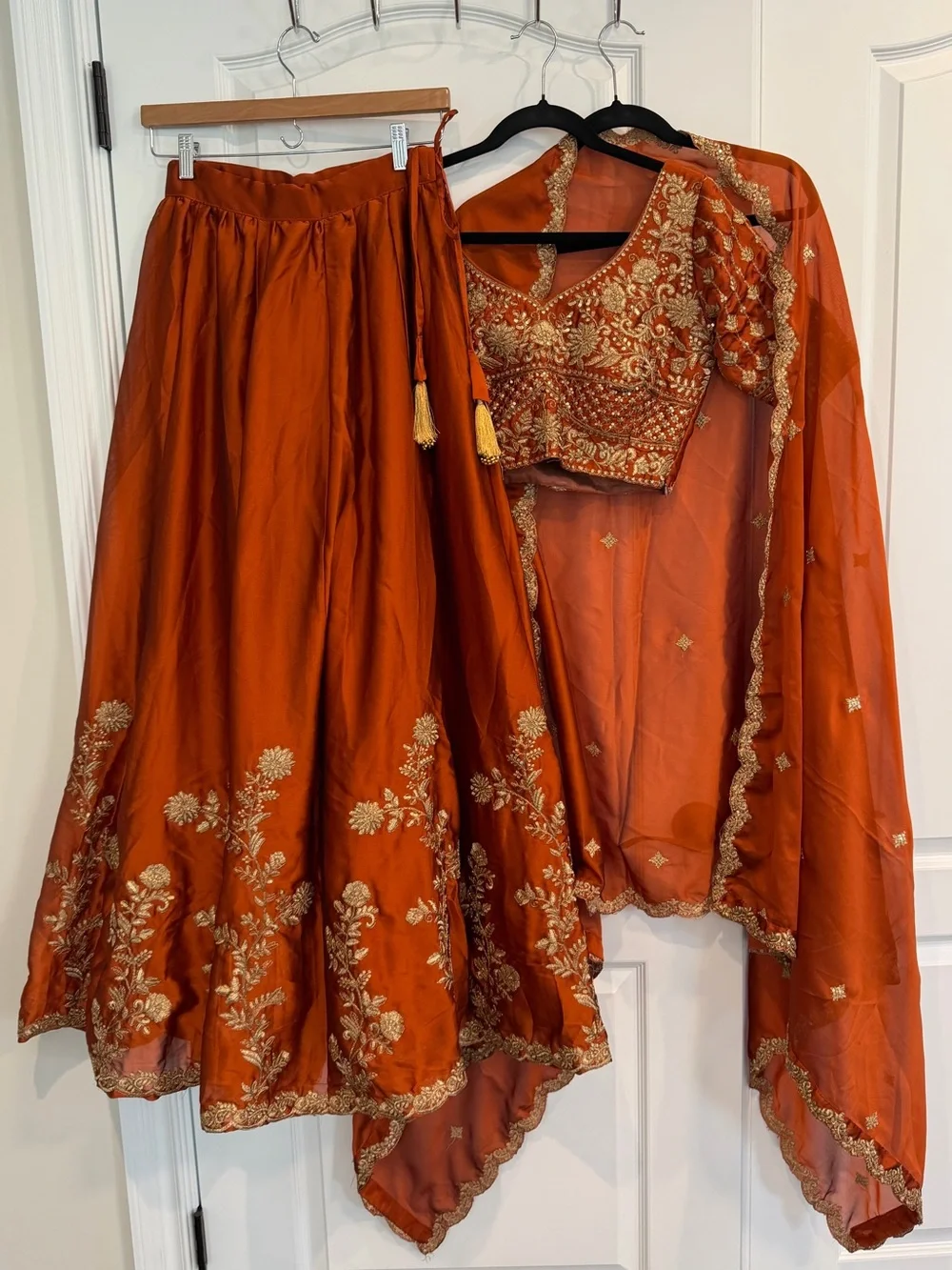 Embroidered burnt orange/rust lengha Set with Matching Blouse and Dupatta